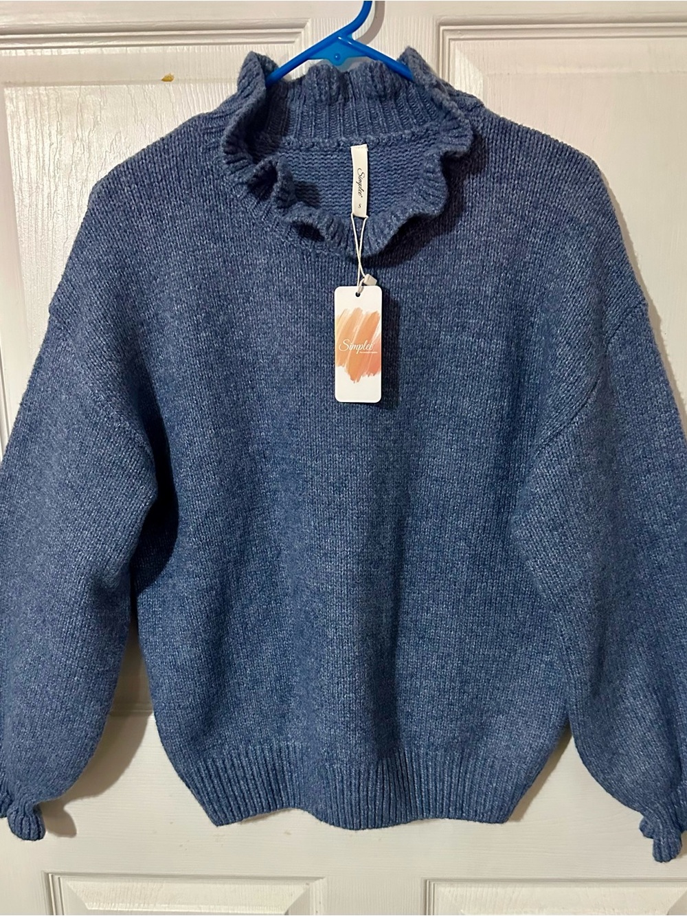 Simple Blue Ruffled Mock Neck Sweater